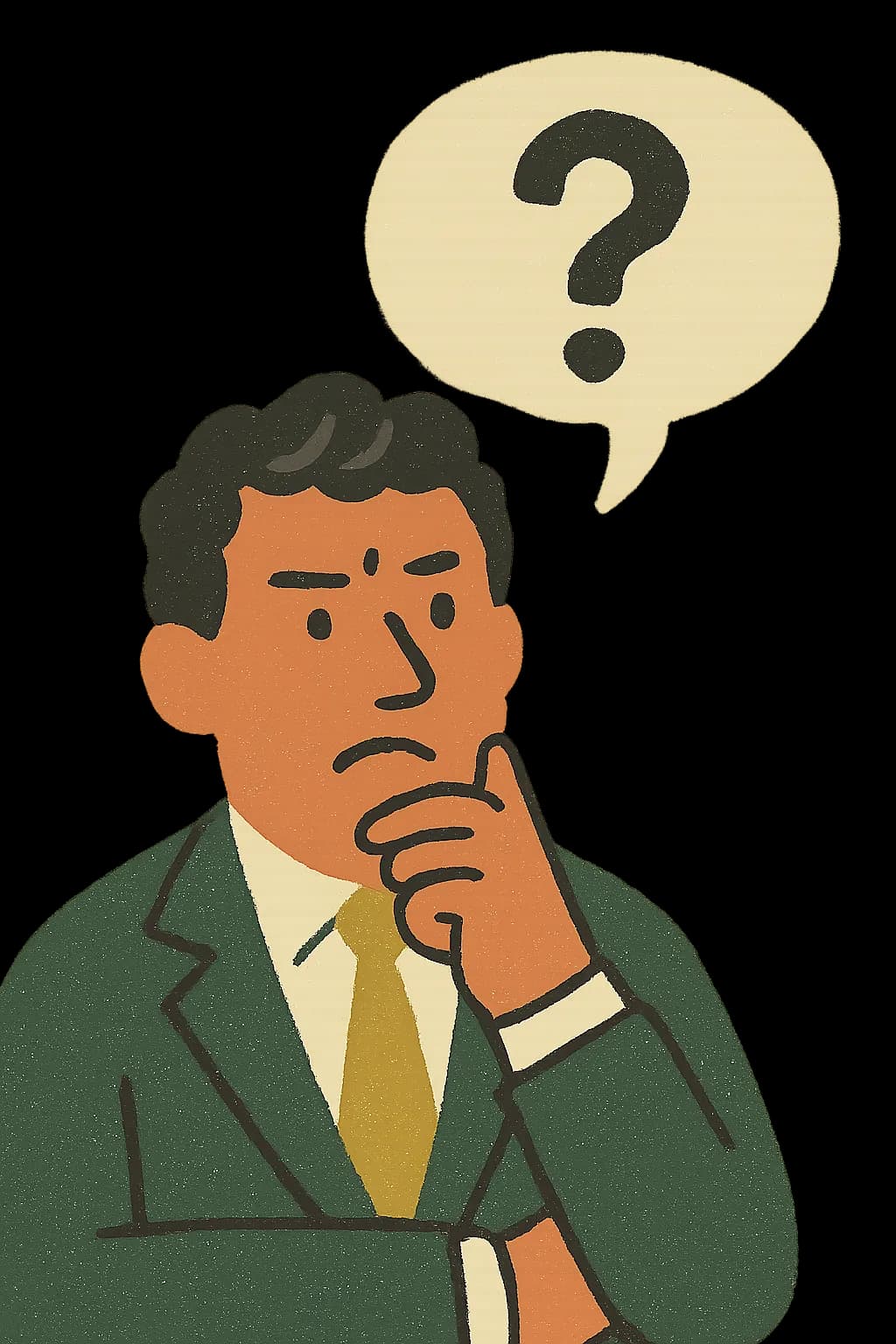 A man in a suit pondering, with a question mark in a thought bubble