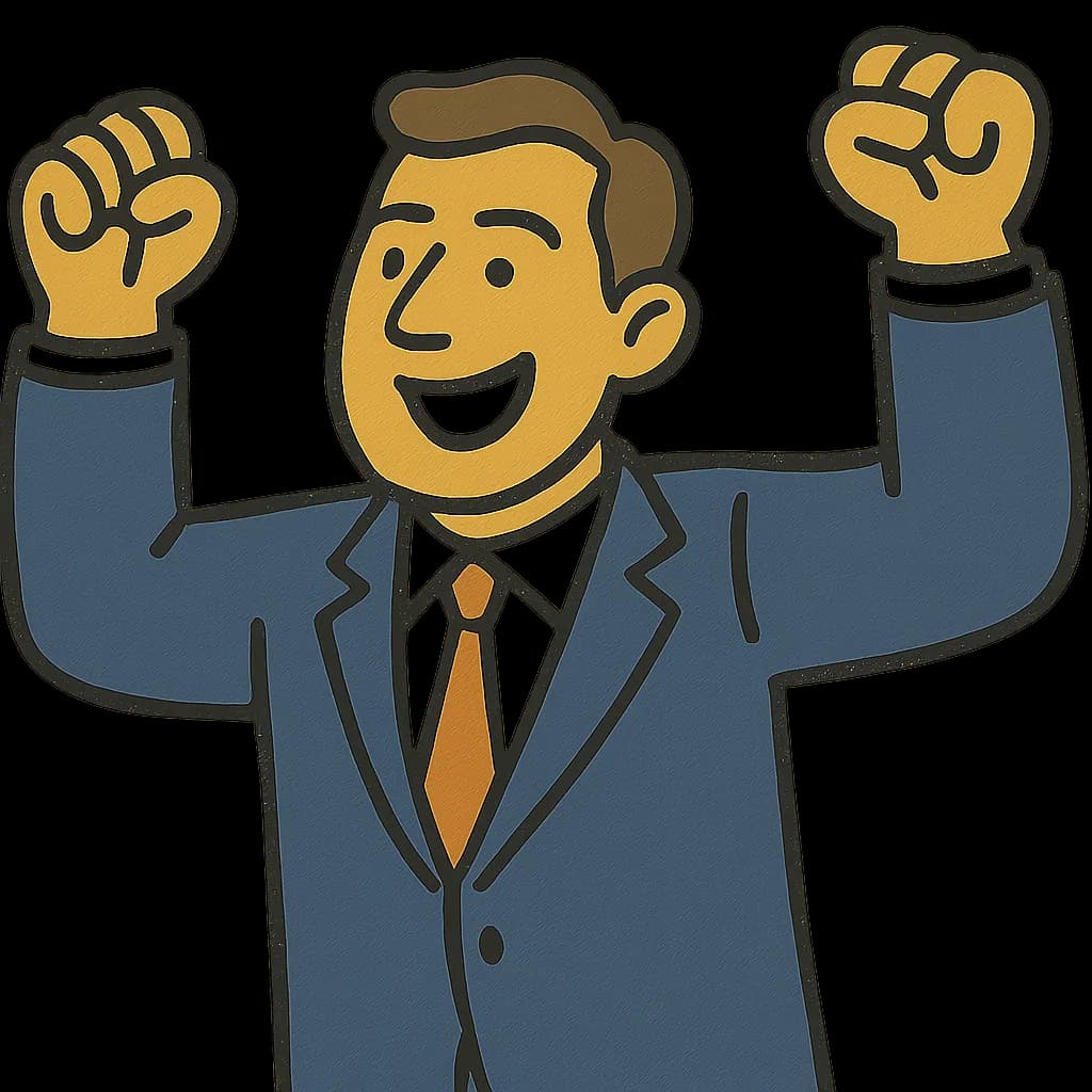 A founder in a suit raising both fists in celebration