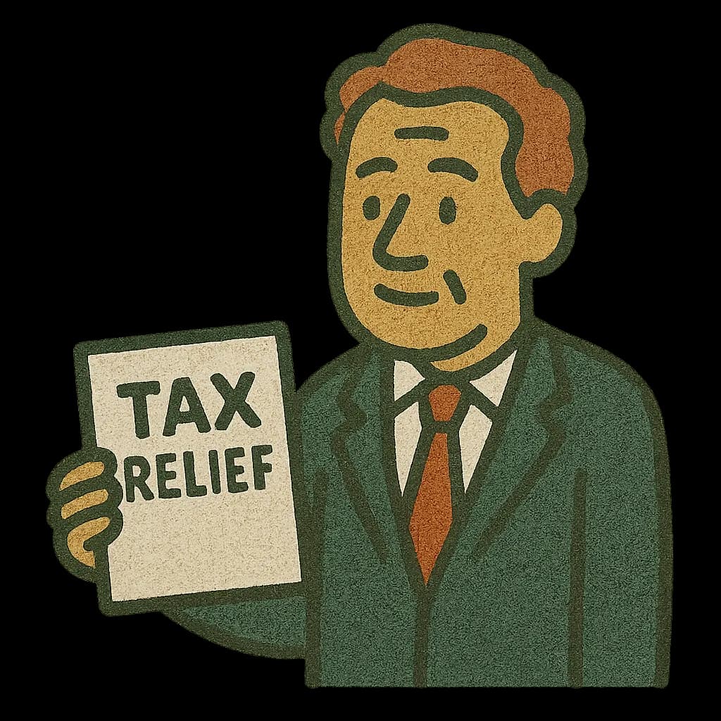 A smiling man holding up a sign that reads Tax Relief