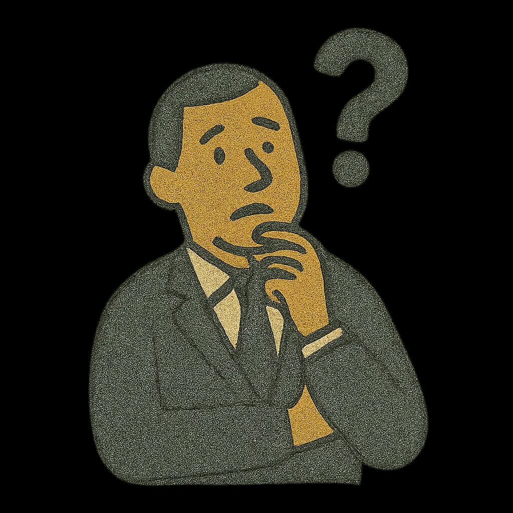 A man in a suit stroking his chin beneath a large question mark