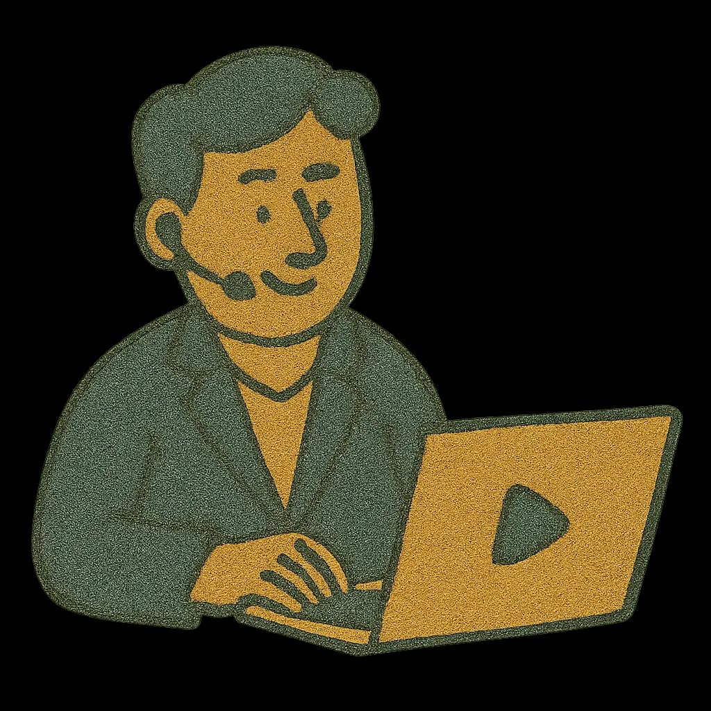 A person wearing a headset working at a laptop