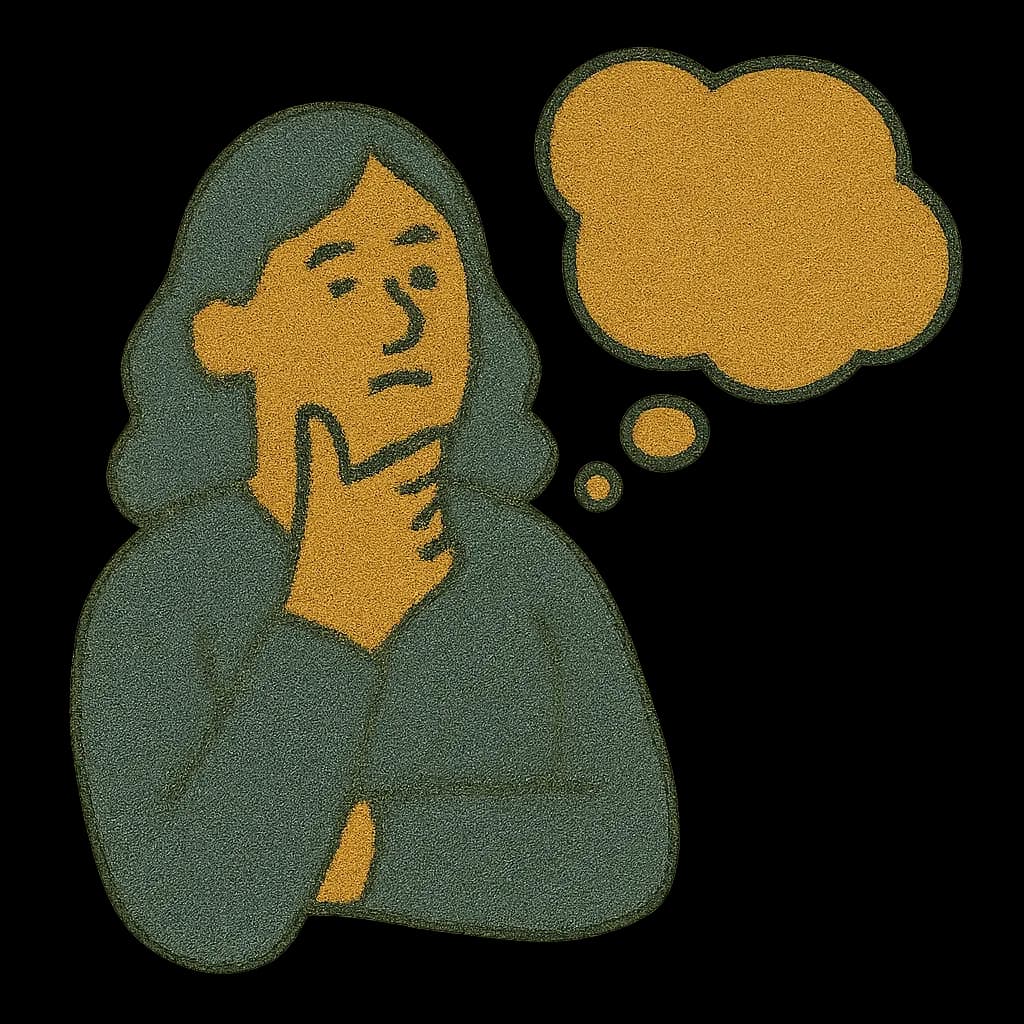 A woman thinking, with a thought bubble above her