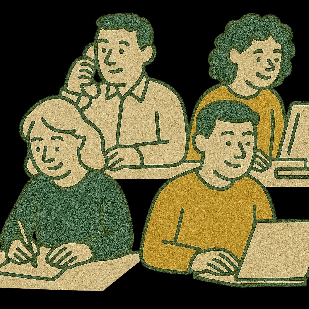 Four colleagues working at a table, one writing notes