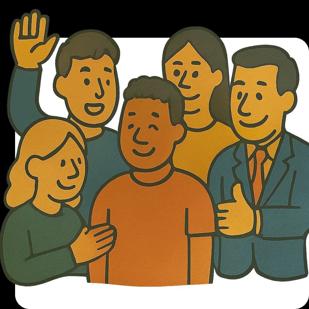 A group of smiling employees, one raising a hand