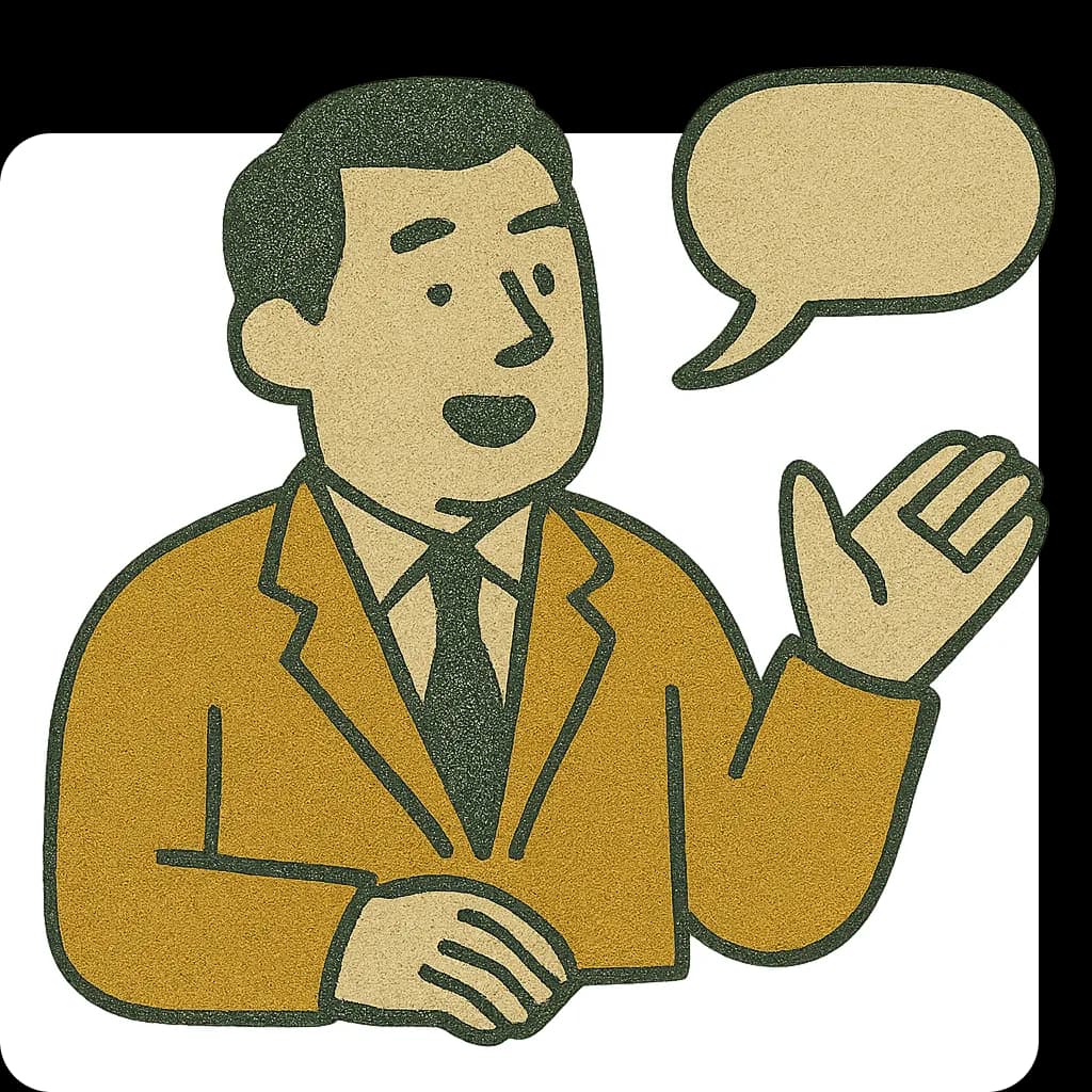 A man in a mustard jacket explaining something, with a speech bubble