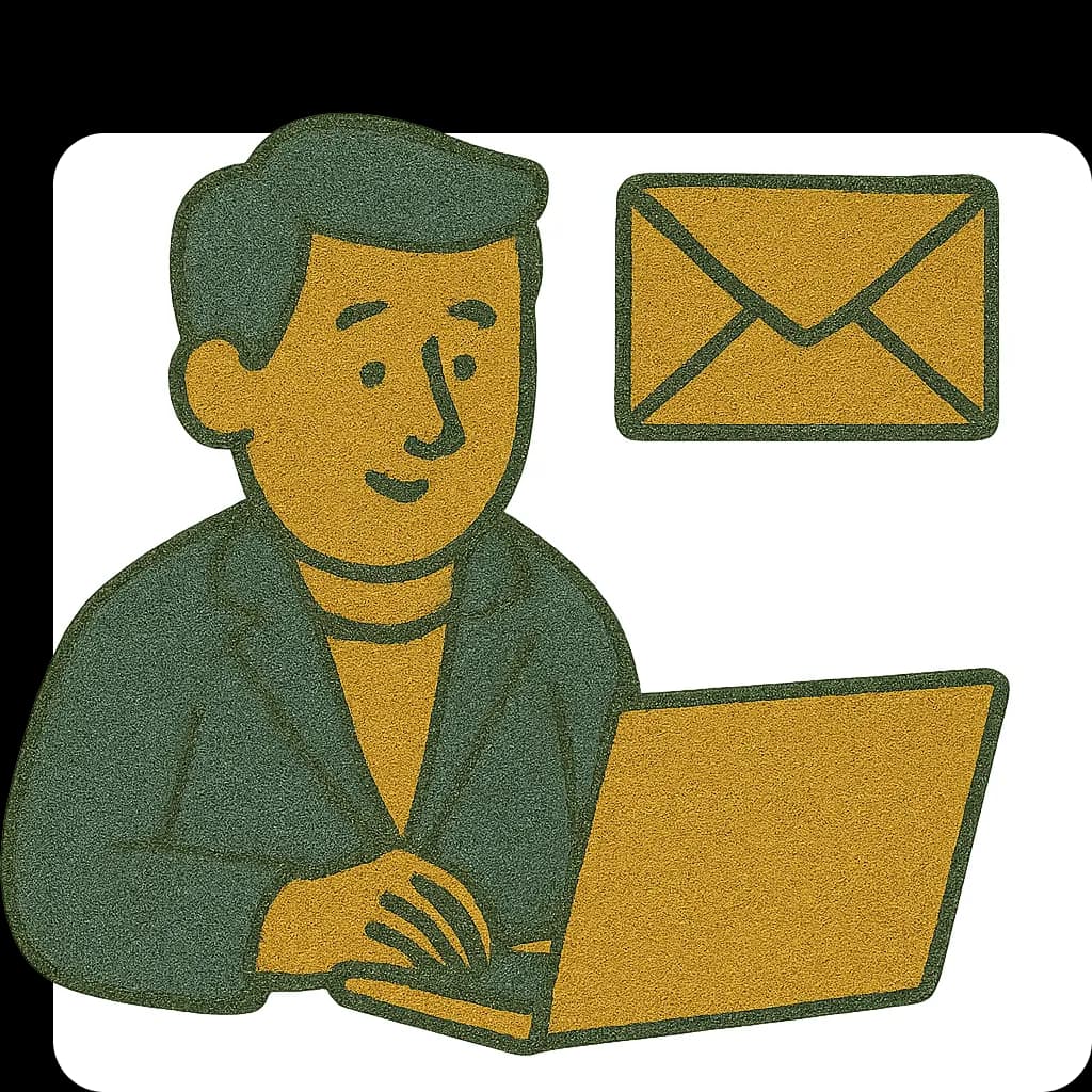 A man working at a laptop with an envelope icon beside him