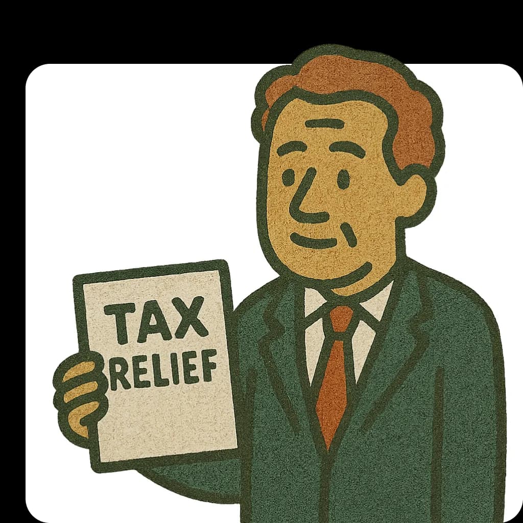 A smiling man holding up a sign that reads Tax Relief