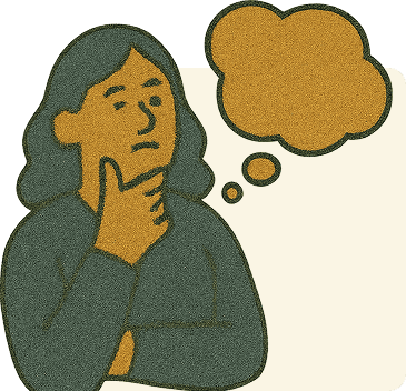 A woman deep in thought, with a thought bubble above her