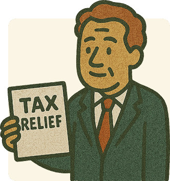 A smiling man in a suit holding a sign that reads Tax Relief